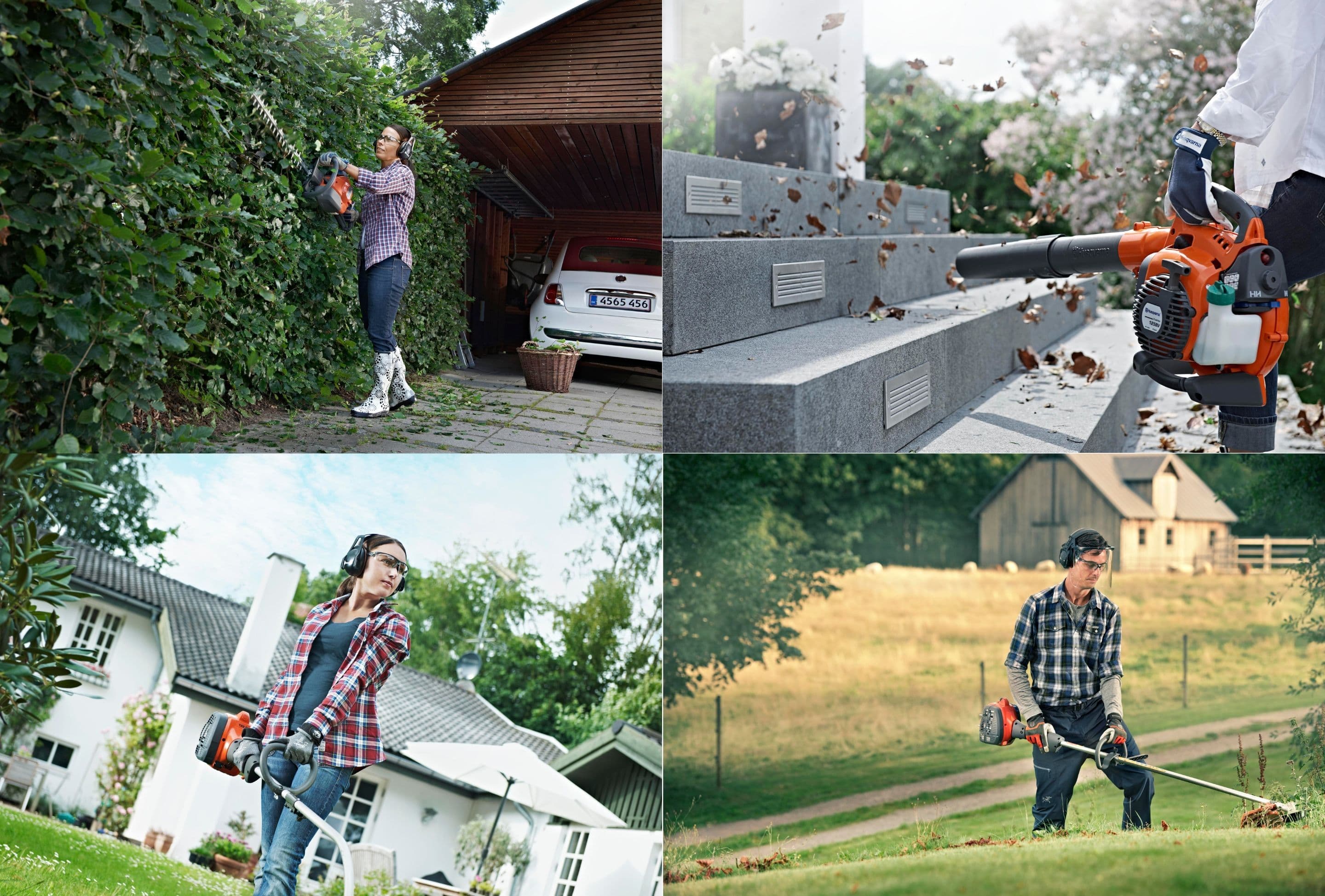 woman with leaf blower in very leafy garden